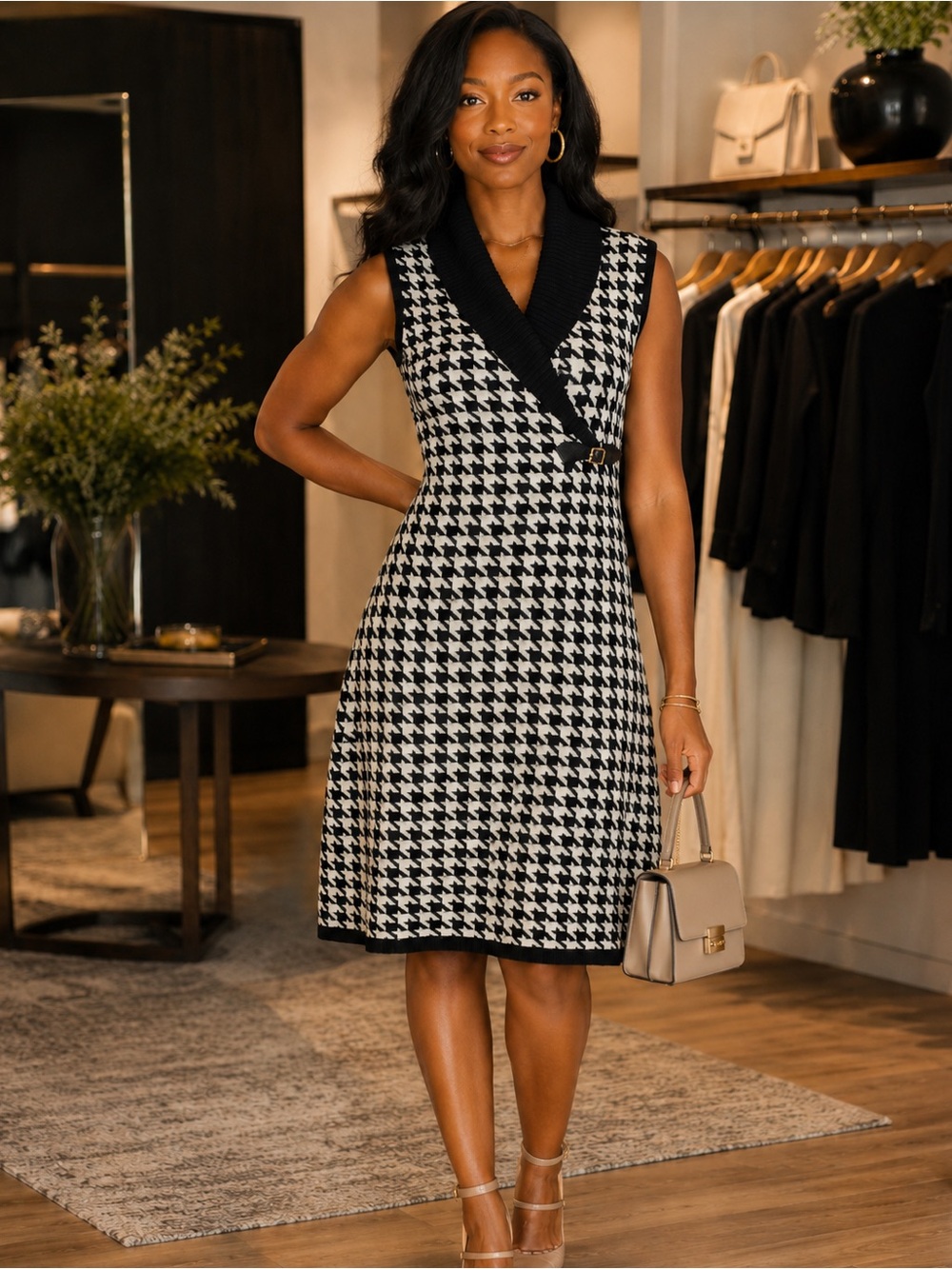 Calvin Klein Black and White Houndstooth Midi Dress